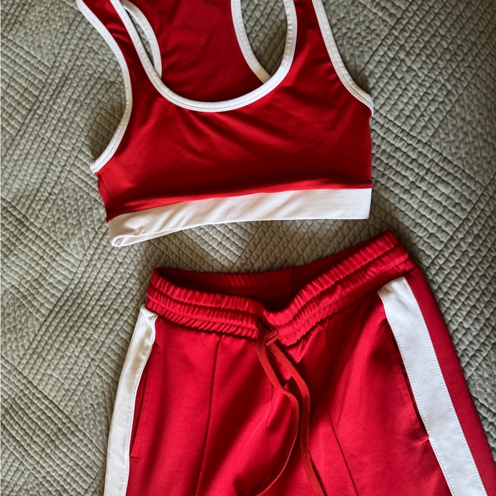 Zara Red and White Sweatpants with Sporty Stripe